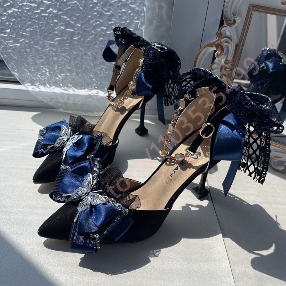Wedding Fx - 2026年新作 サテン ポインテッドトゥ ヒール ネイビーブルー レースリボン
