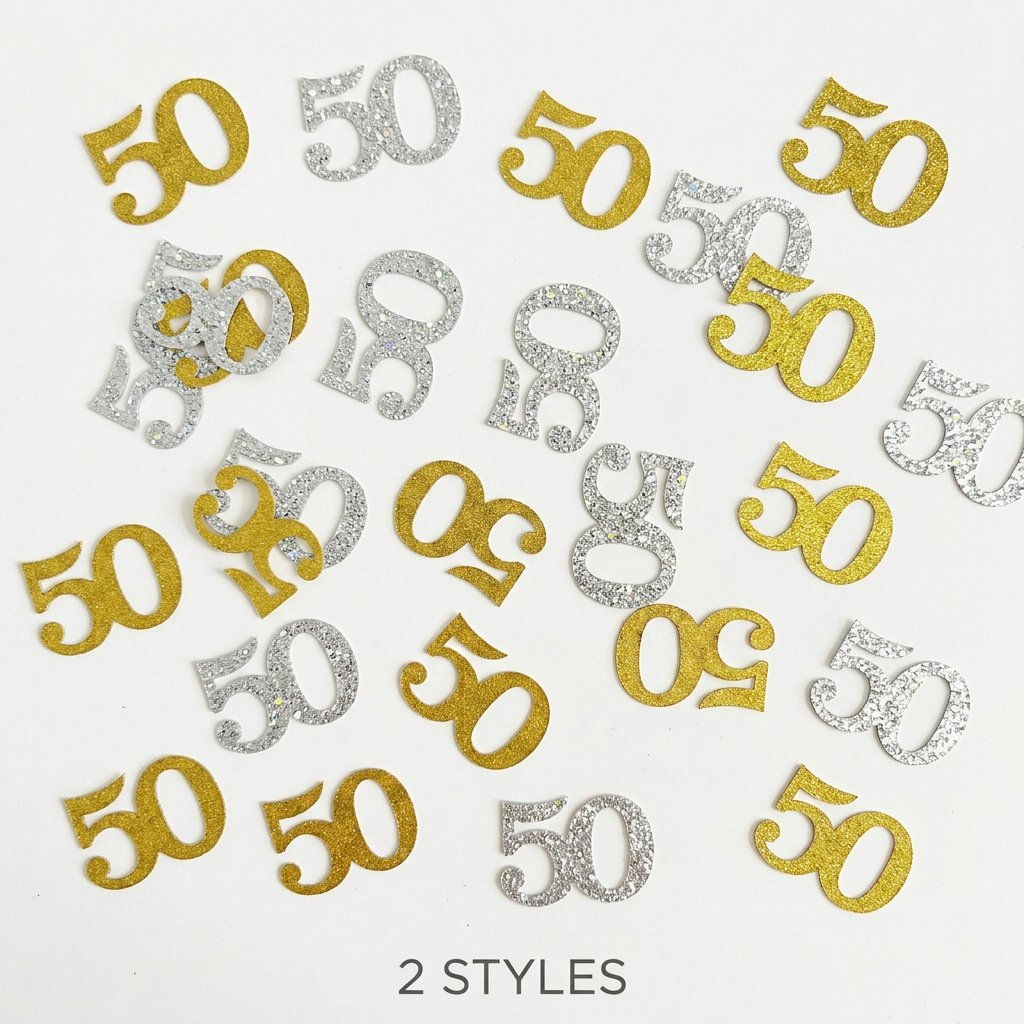Table Number Gold - 120個入り 50歳の誕生日用コンフェッティ ゴールド＆シルバー 数字50 20 40の形をした紙製デコレーション