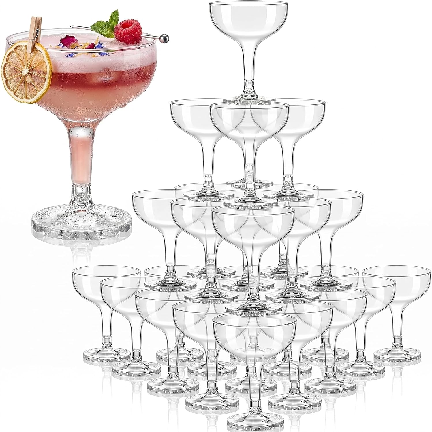 Champagne Tower Set - 4段プラスチックシャンパンタワー 5オンス使い捨てクーペカクテルカップ 結婚式 誕生日 プールパーティー用