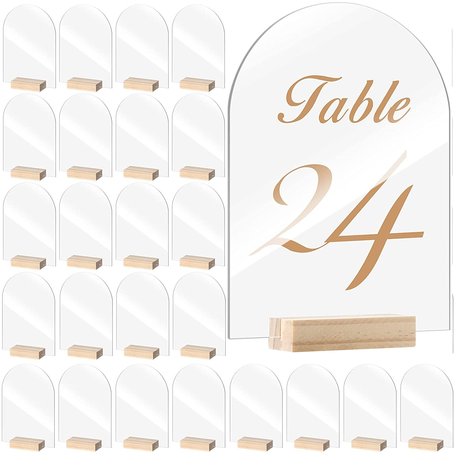 Table Number Gold - 10/20/30/50個アーチアクリル記号セット空白クリアアーチシート木材場所カードホルダースタンドテーブルの装飾結婚式パーティー