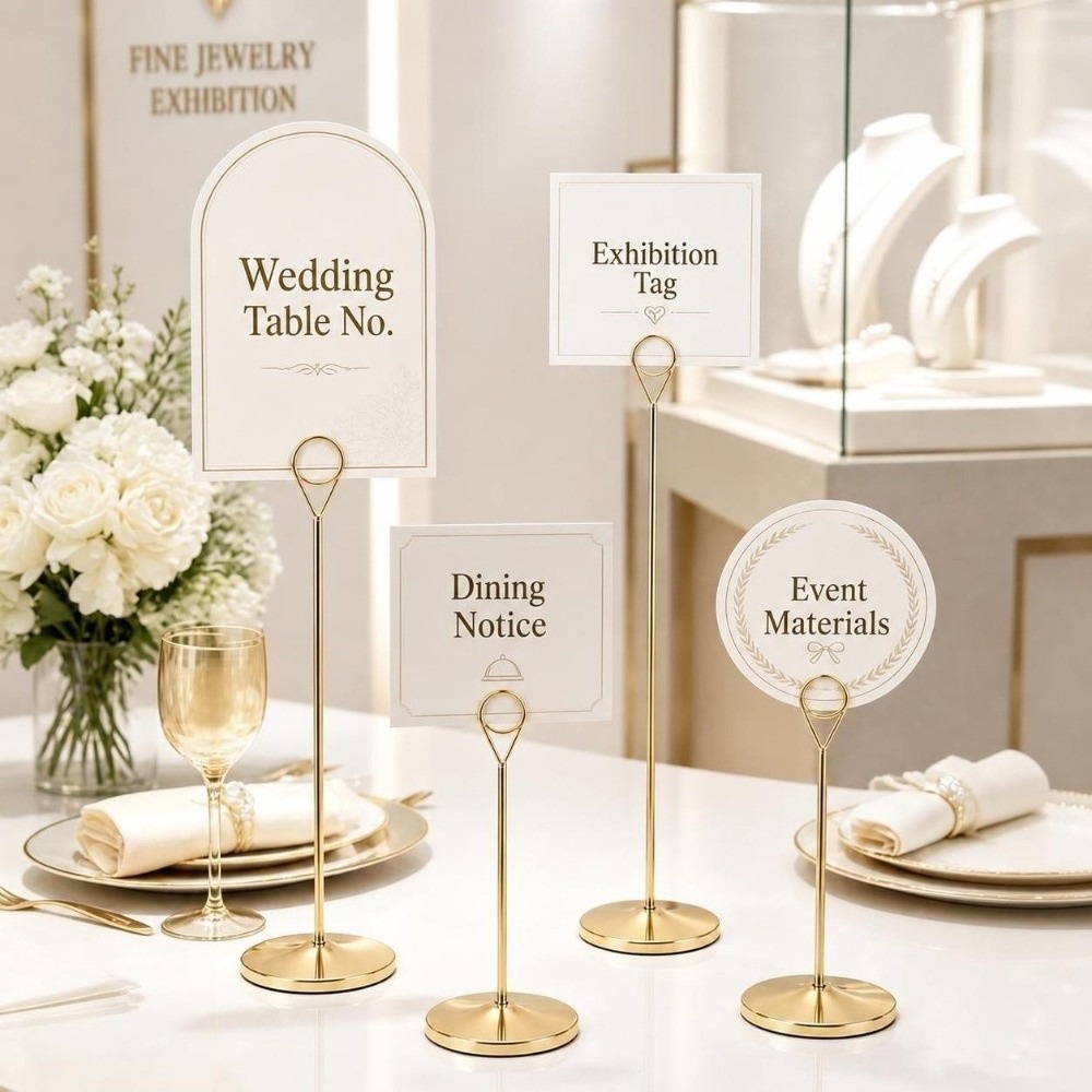 Table Number Gold - ポータブルメタルテーブルナンバーホルダー、大型ベース、ゴールドの席札ホルダー、ドロップ型クリップ、写真・メモスタンド、テーブルメニュー表示