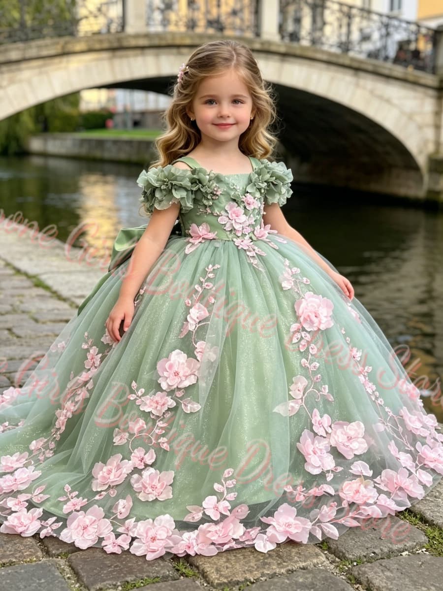 高品質で豪華な花柄の女の子用ドレス、3Dアップリケ付き、子供 - Bridal Sash Ribbon のレビューと価格