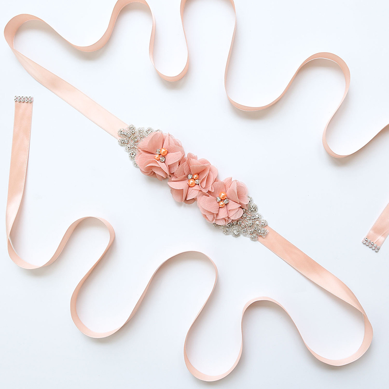 パールラインストーンシフォン生地フラワーブライドベルト、ロン - Bridal Sash Ribbon のレビューと価格