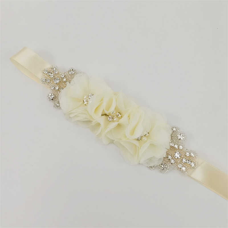 パールラインストーンシフォン生地フラワーブライドベルト、ロン - Bridal Sash Ribbon のレビューと価格