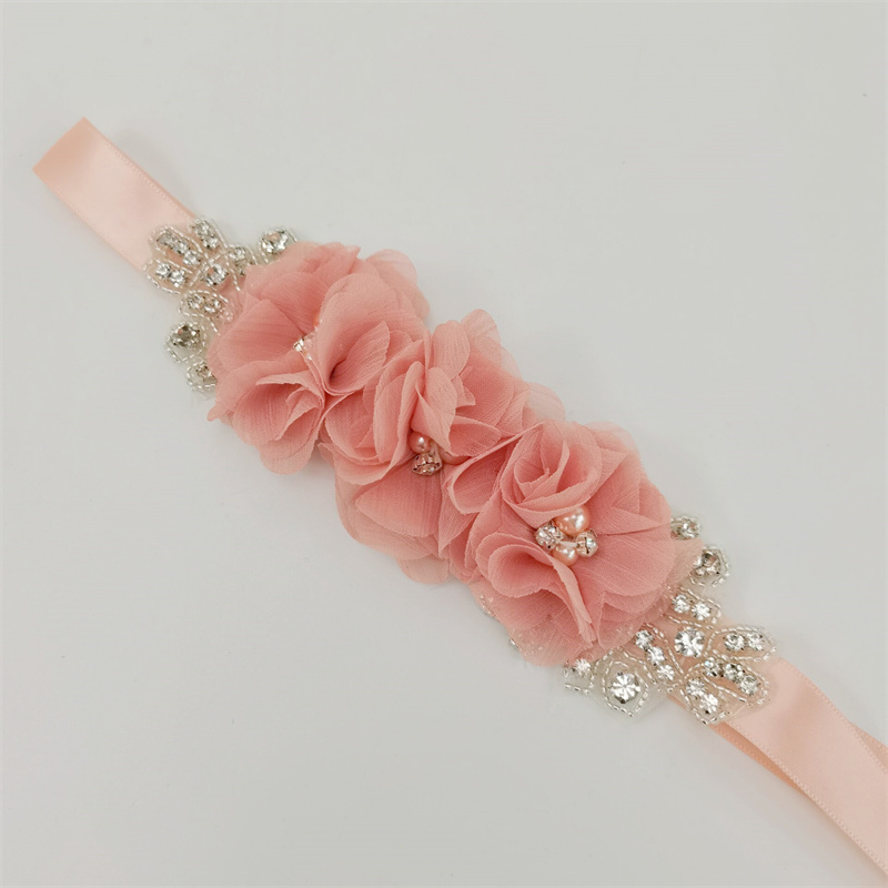 パールラインストーンシフォン生地フラワーブライドベルト、ロン - Bridal Sash Ribbon のレビューと価格
