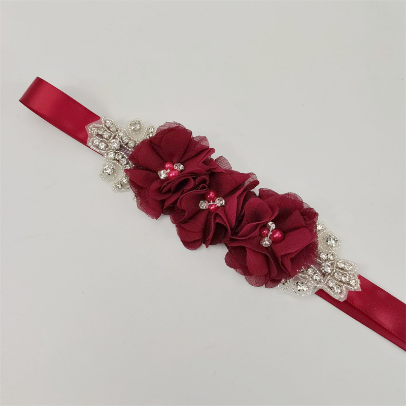 パールラインストーンシフォン生地フラワーブライドベルト、ロン - Bridal Sash Ribbon のレビューと価格