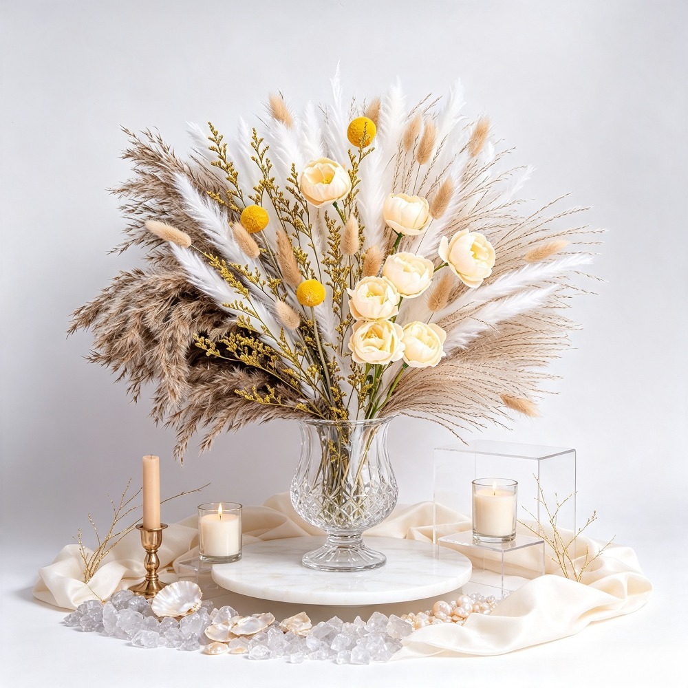 ミックスドライフラワーブーケ、パンパスグラス、バニーテイルグ - Flower Girl Basket のレビューと価格