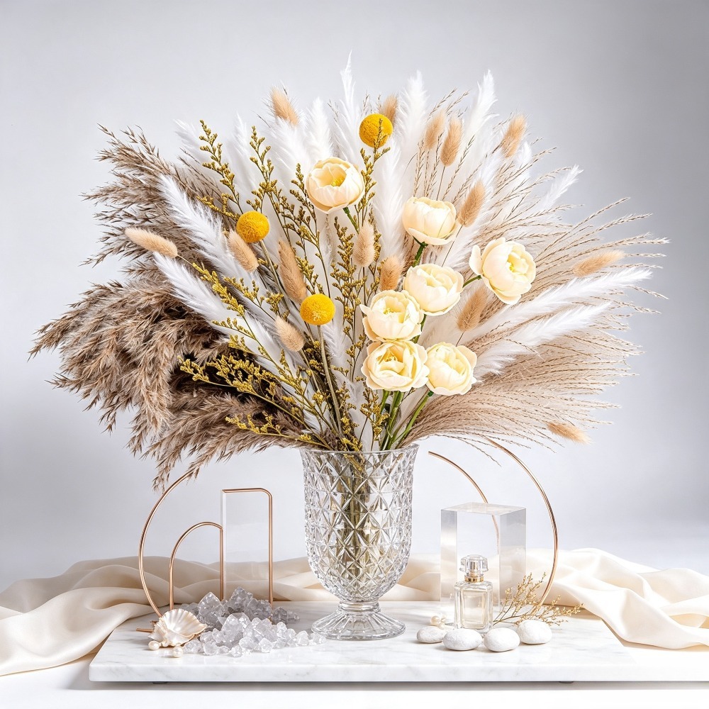ミックスドライフラワーブーケ、パンパスグラス、バニーテイルグ - Flower Girl Basket のレビューと価格